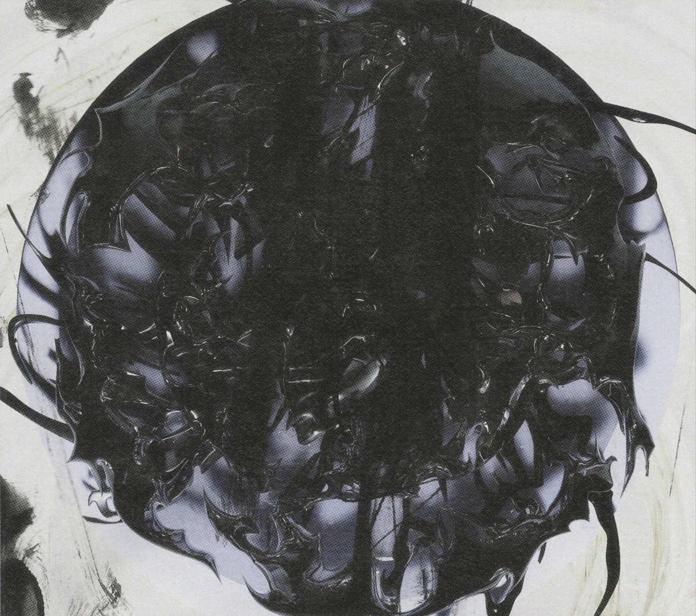 A black chrome sculpture of tangled, liquid-metal forms rising from a pale lavender disc, with dry ink brush marks across scanned paper.
